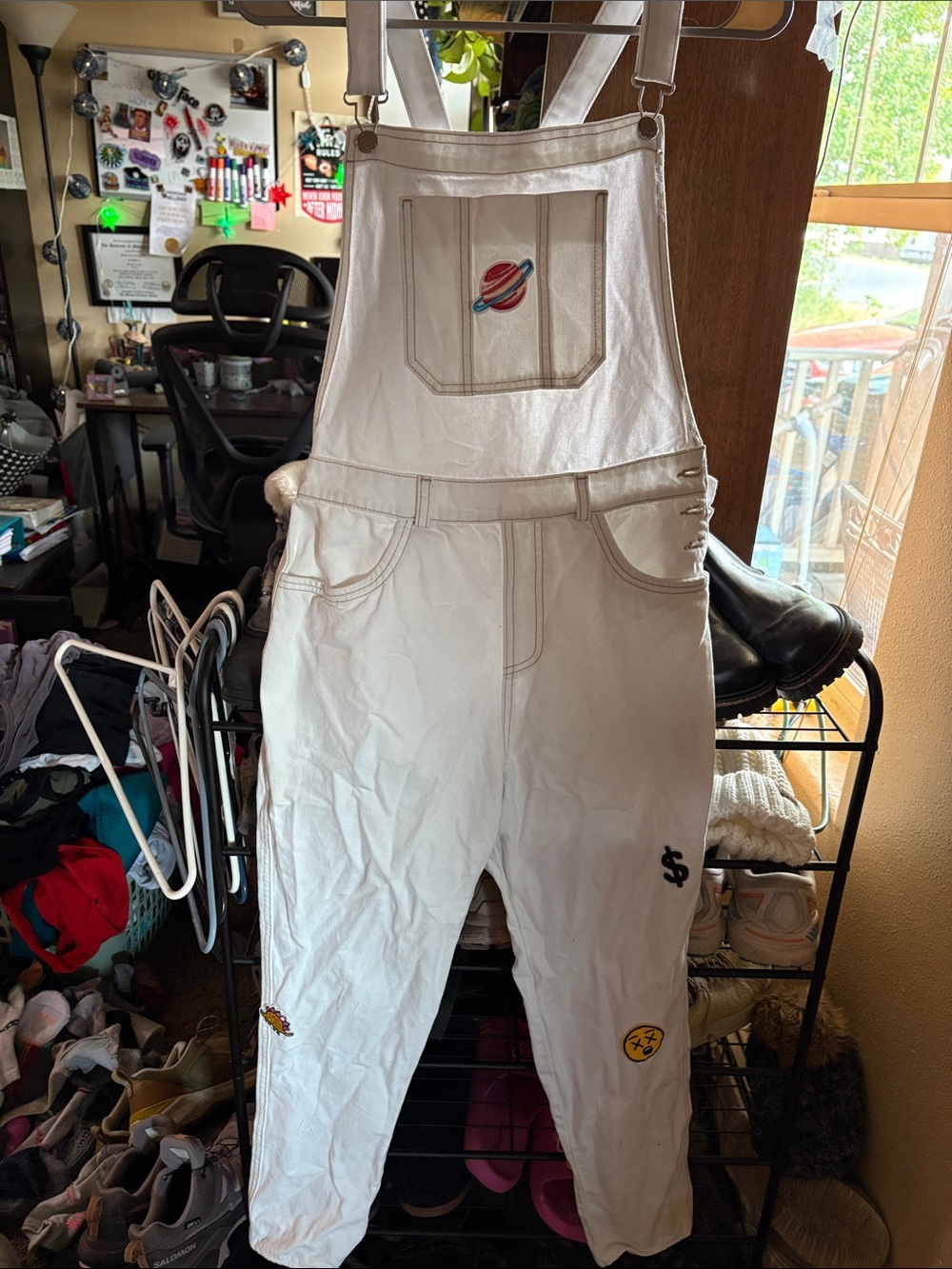 Stop Jeans Women’s Retro White Patch-Accent Wide Leg Overalls